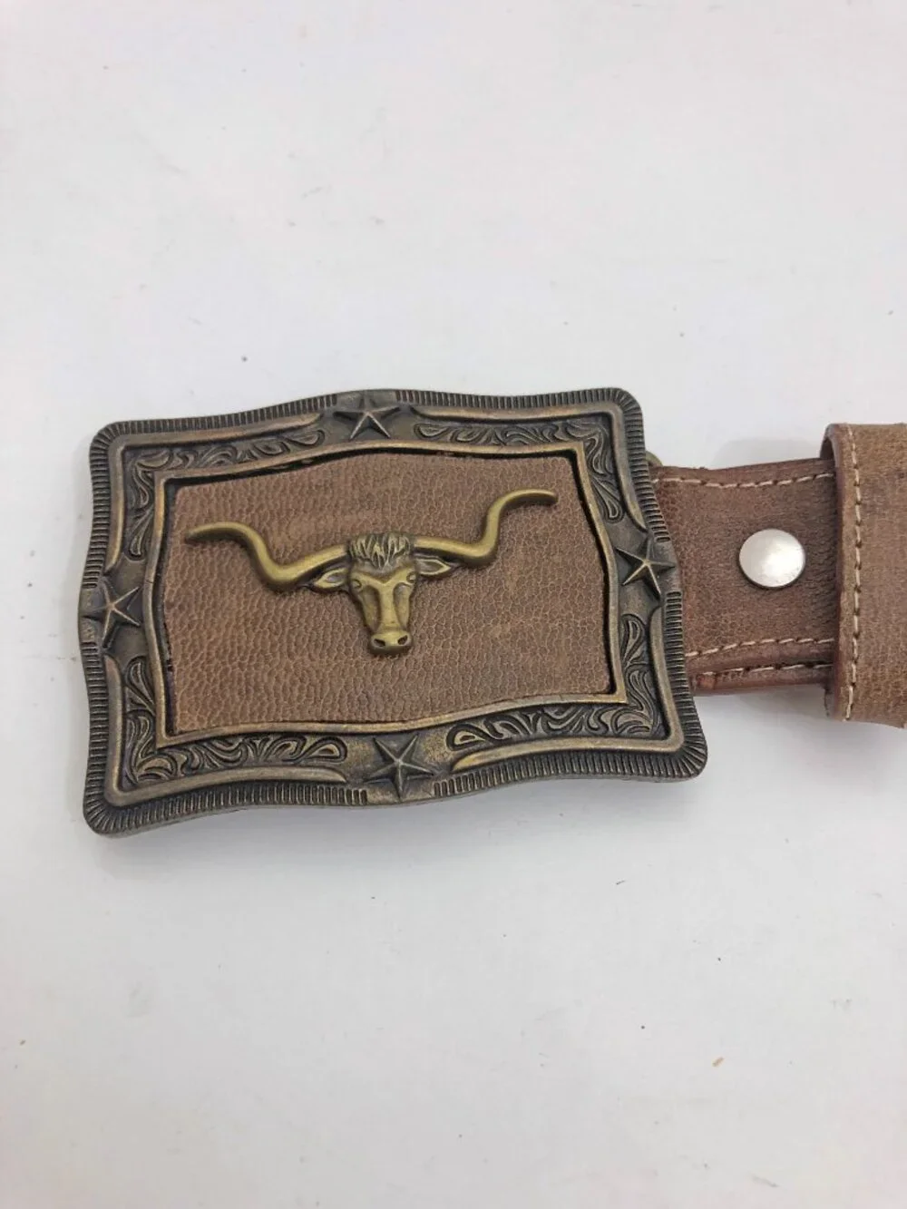 Western leather Belt Size 34 Tan w/Longhorn Buckle & Braided Accent Belt